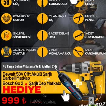 Trend Pazarım Dewalt Şarjlı Çift Akülü Ve Bosch GO 2 Cep Şarjlı Matkap Hediyeli
