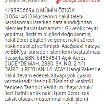 Vodafone Net Nakil Sipariş İptali Ve Yeni Adrese Nakil Talebi