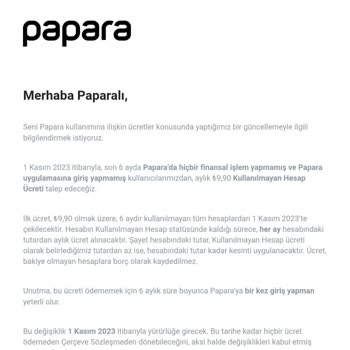 Papara Kullanılmayan Ve Olmayan Hesap Ücreti Talebi...