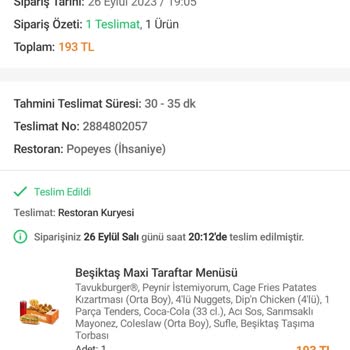 Popeyes Eksik Yemek Gönderilmesi Ve İade Miktarının Yetersiz Olması