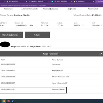 Bir Günde Kargo A101 İnternet Sitesi Sipariş Problemi