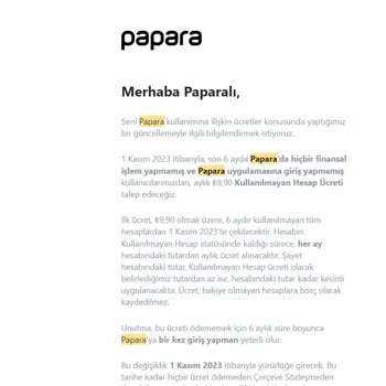Papara Ücretlendirme Mail Papara'dan Anlamam İşim Yoktur
