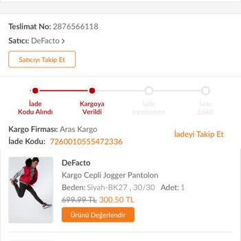 Trendyol DeFacto Yanlış Beden Ürün Gönderdi