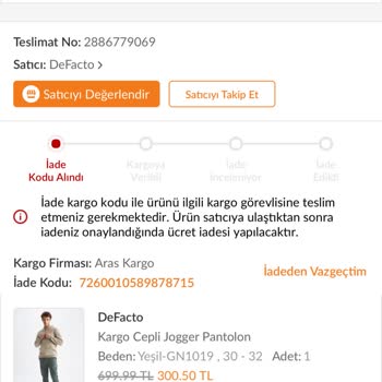 Trendyol DeFacto Yanlış Beden Ürün Gönderdi