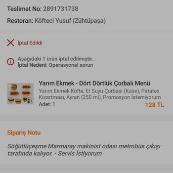 Trendyol Yemek Köfteci Yusuf Siparişi İptal Veya Eksik Gönderme