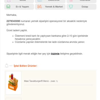 Trendyol 2 Saat Sonra İptal Edilen Yemek Siparişi