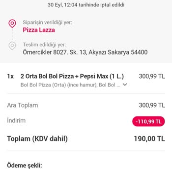 Yemeksepeti İptal Edilen İndirimli Siparişler