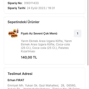 Köfteci Yusuf Migros Yemek Siparişi İle İlgili Sorun