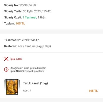 Trendyol Yemek Közz Tantuni Sipariş İptali