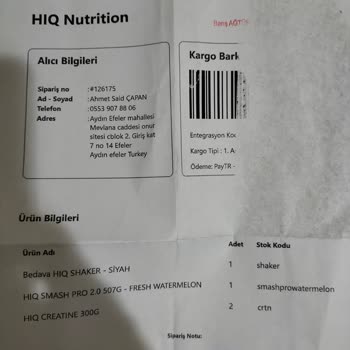 HIQ Nutrition Eksik Sipariş Teslimi