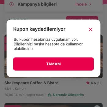 Yemeksepeti 50KAHVE Kuponunu Kullandırtmıyorlar.