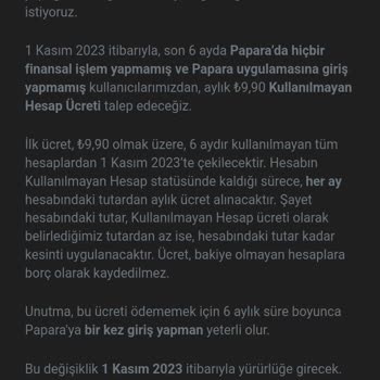 Papara 6 Ay Boyunca Ücret İstiyor