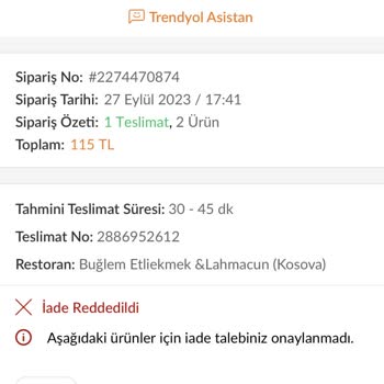Trendyol Yemek Trendyol Teslim Etmediği Yemeğin Parasını Aldı
