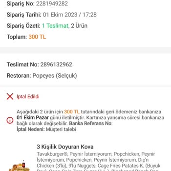 Popeyes Yemek Siparişinin Gelmemesi