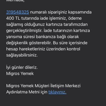 Migros Yemek İade Edilemeyen Sipariş