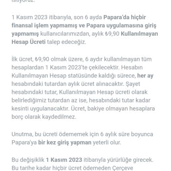 Papara Kullanılmayan Hesaplardan Para Kesilmesi Hakkında