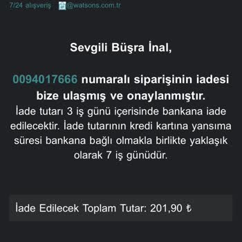 Watsons Siparişim İptal Edildi
