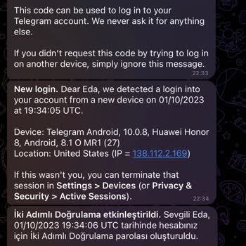 Telegram Hesabım'a Farklı Bir Adresten Giriş Yapıldı