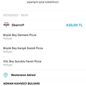 Sbarro Pizza Nın Olmayan Şubeden Oluşturduğu Sipariş