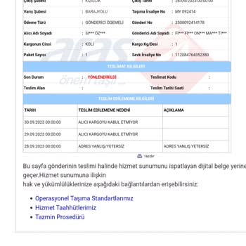 Aras Kargo Kargolarım Bana Gelmeden Direk Geri Gönderiliyor