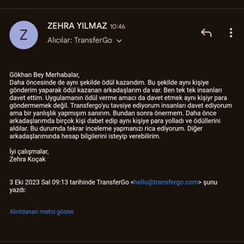 Transfergo Kazandığım Ödülü Hesabımdan Kaldırdı