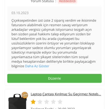Çiçek Sepeti Faturamı Yollamıyor Ve Yorumlarımı Yayımlamıyor!
