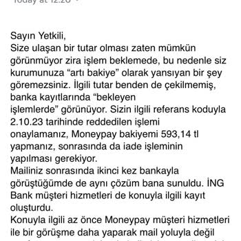 MoneyPay Ve ING Bank'ın Kredi Kartıma İade Yapmaması!