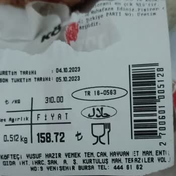 05.10.2023 Son Kullanma Tarihli Köfteci Yusuf Kıyma Siparişi.