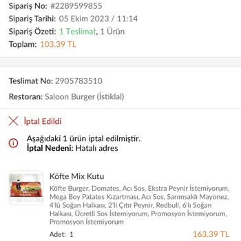 Saloon Burger Siparişin Teslim Edilmemesi