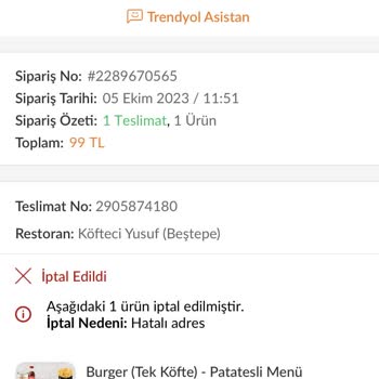 Trendyol Yemek Siparişim İptal Oldu Ve İadem Yapılmadı