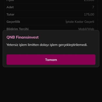 QNB Finansinvest Yetersiz İşlem Limitten Dolayı İşlem Gerçekleştirilemedi Hatası