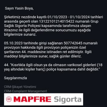 Mapfre Sigorta Varikosel Ameliyatına Ret Verdi