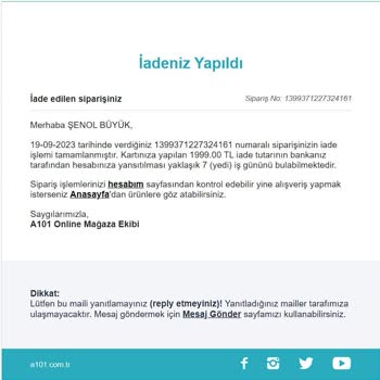 A101 Ürün Göndermemesi Ve Siparişi İptal Etmesi