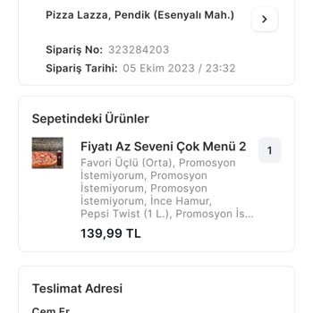 PizzaLazza Sipariş İptalinin Bilgi Verilmemesi
