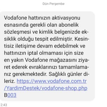 Vodafone Teslim Edilen Evrakların Tekrar İstenmesi