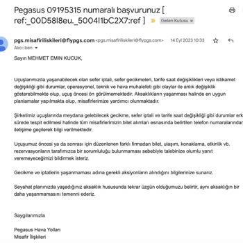 Pegasus Uçuş İptalinin Tarafıma Haber Verilmemesi