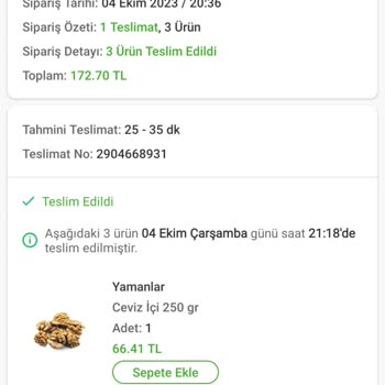 Trendyol Hızlı Market Mopaş Acıbadem-2 Kurtlu Ceviz Gönderimi