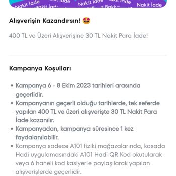 A101 Hadi Uygulaması Geri İade Verilmedi