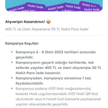 A101 Kampanya 400 TL Alışverişe 30 TL İade 6/8 10 2023 Hadi Kampanyası