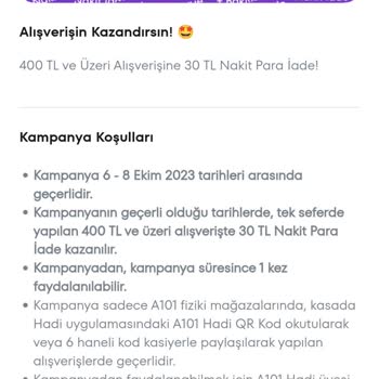 A101 Hadi Nakit İade