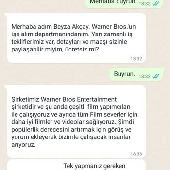 WhatsApp Warnerbros.com Warnerbros Şüpheli Dolandırıcılık İş Teklifi