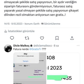 Gratis Yasal Olmayan Satış Yapılıyor.! Siparişimin Faturasını Göndermiyor.!