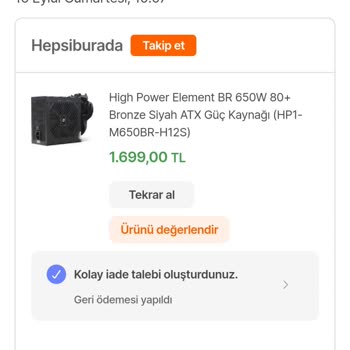 Hepsiburada İade Ettiğim Ürünün İşlem Ücretini Geri Ödemiyor