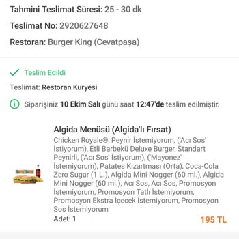 Burger King (Cevatpaşa) Trendyol Siparişi Özensizliği