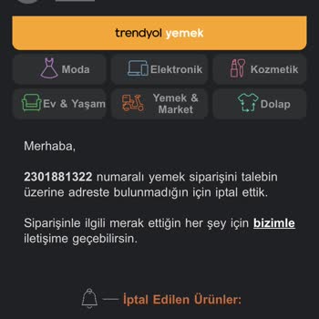 Trendyol Yemek Söylediğim Yemeği Yemeden Parasını Kesilmesi