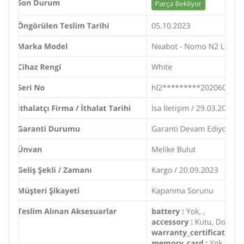 Neabot Süpürge Teslim Edilmiyor
