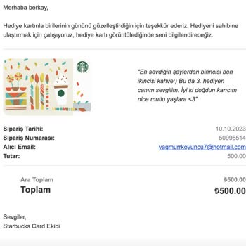 Starbucks Gift Card'ı Maile Göndermiyor!
