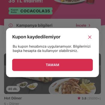 Yemeksepeti Bu Kupon Kullanılamıyor.