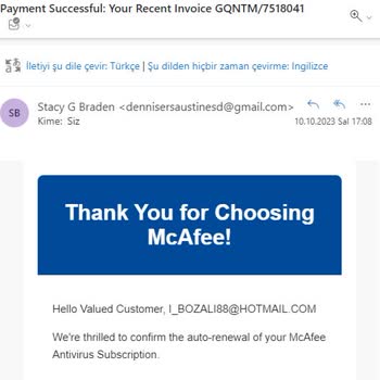 Mcafee Den Gelen Abonelik Yenileme Maili...