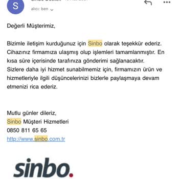 Sinbo Servise Gönderilen Ürün